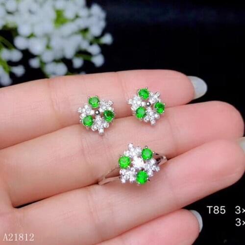 KJJEAXCMY exquisite jewelry Supporting Detection of 925 Silver-inlaid Natural Diopside Girl Ring Ear Nail Set