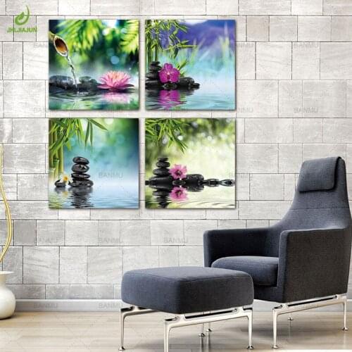 JHLJIAJUN 4 Piece Modern Green Plant Stone Nordic Canvas Module Picture Decor Nordic Bedroom Living Room Home Decor Picture