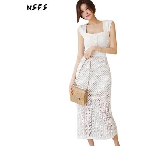 2 Piece Set Summer Dress White Knitted Sleeveless Tops Bandage Bodycon Clothes Black Long Skirts Sexy Party Lady Women Dresses