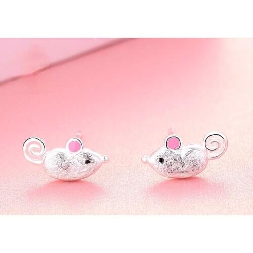 Silver Plated Lovely Lady Pink Ear Small Mouse Stud Earrings Sweet Girl Pierced Earrings Charm Lady Birthday Party Jewelry