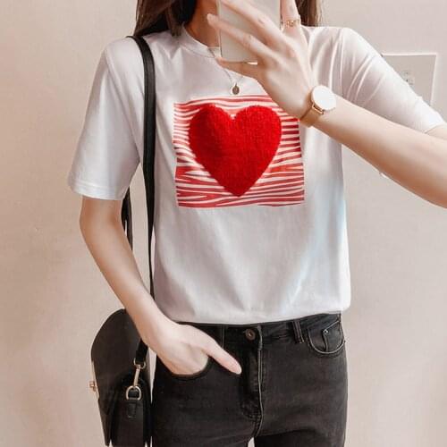 Summer Print Embroidery O-Neck T-Shirt Women Cotton Long Tee Shirt Women Knitted Casual Short Sleeve Black White Korean Tops