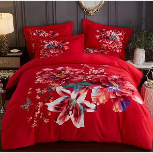 Lotus 100% Cotton Sanding Printed Flower Bedding Set Wedding Bed Sheet set Duvet Cover Pillowcase Queen King 4pcs rose lily blue
