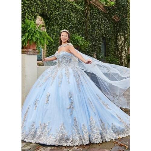 Sky Blue Quinceanera Dresses Ball Gown Sweetheart Tulle Appliques Beaded Puffy Cheap Sweet 16 Dresses