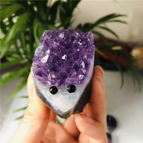 Wholesale Natural Minerals Amethyst Crystal Cluster Hedgehog Hand Engraving Modern Home Decor Craft Small Decorations Gifts