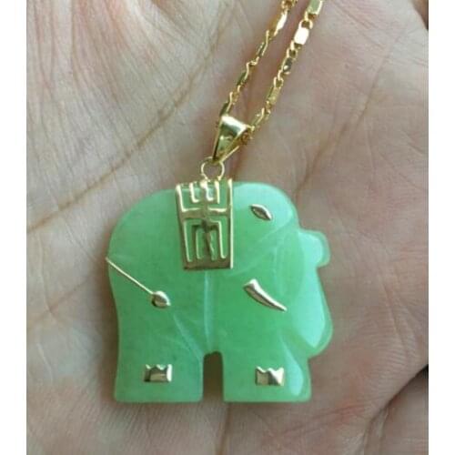 Asian NATURAL green jade Elephant Pendant Necklace