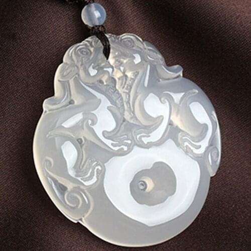 Natural Ice White Chalcedony Pendant double pixiu Peace buckle Pendant Beads Necklace Mens Fashion Jades Jewelry Free Rope