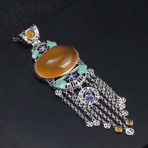 Real s925 sterling silver inlaid yellow chalcedony tassel pendant female ancient landscape Thai blue long sweater pendant