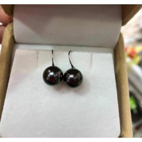Stunning 10-11mm tahitian round black green pearl earring 925s
