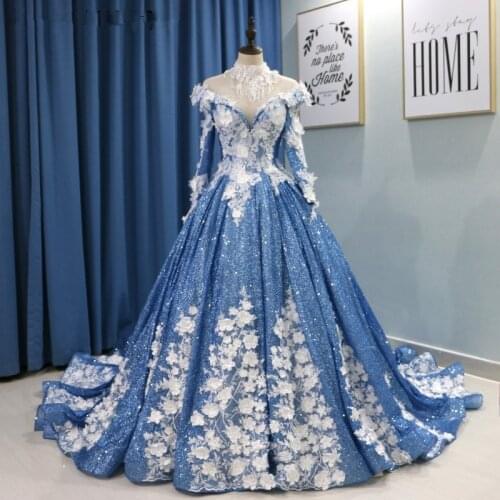 Luxury Lace Beaded High Neck Ball Gown Prom Dresses Spark Glitter Saudi Arabic Light Blue Women Evening Gowns Robe De Soiree