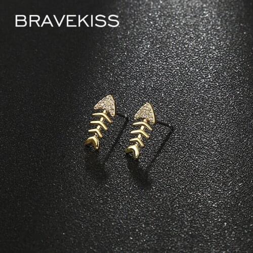 BRAVEKISS Electroplating Golden Fish Bone Simple Stud Earrings for Women Small Zircon Earring Fashion Jewelry Accessories UE0742
