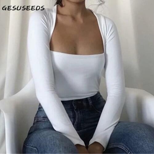 Vintage T Shirt Women Summer Long Sleeve Tops Sexy Square Neck Shirts Slim Elegant T Shirt White Black Cotton Tee Shirt Khaki
