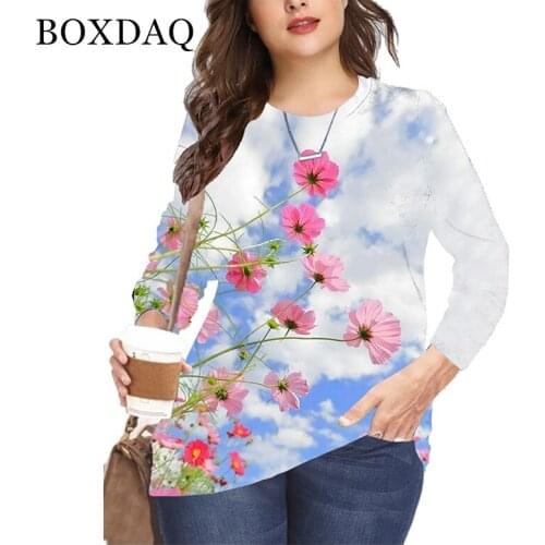 Vintage Women Boho Flower Print T Shirt Long Sleeve Fashion Tops Casual T Shirts Autumn Winter Female Plus Size Tops 4XL 5XL 6XL