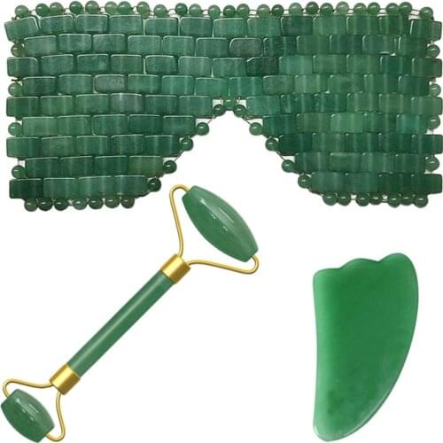 Green Jade Eye Mask Face Massage Roller Guasha Board Scraper Set Natural Stone Face Roller Massager Cold Therapy Eye Beauty Tool