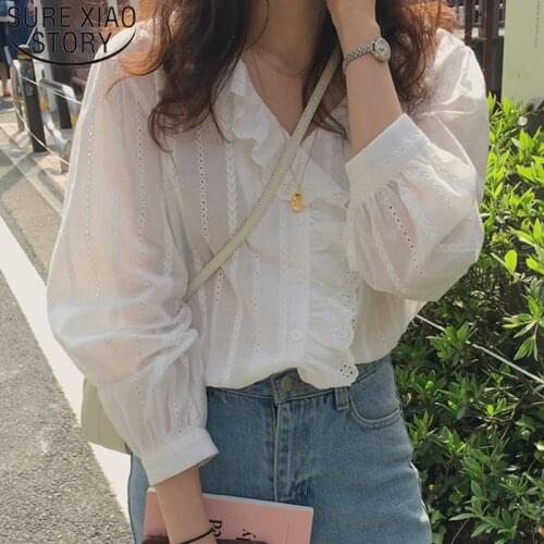 2021 Korean Edition Solid Cotton Simple Womens Tops and Blouses Lotus Side Long Sleeve Shirt Woman Ladies Tops Femme 8561 50