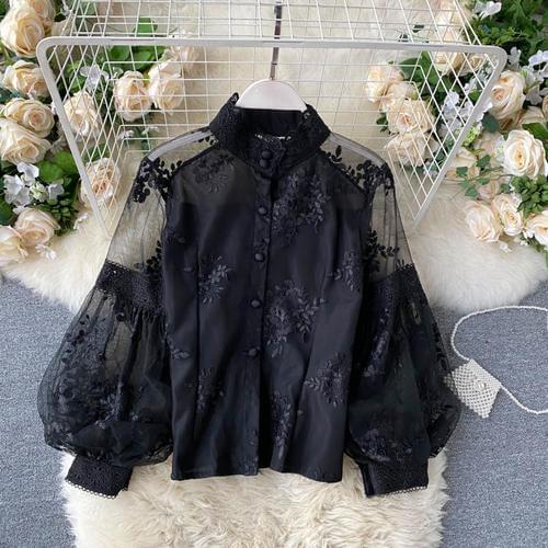 Elegant Lace Flower Embroidery Blouse Women Stand Collar Puff Long Sleeve Loose Blusas Spring 2021 New Shirt Feminino