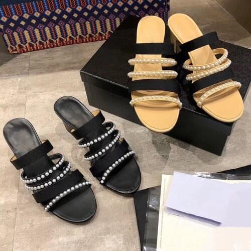 Womens shoes leather open toe pearl thin strap womens sandals summer new style color matching word with thick heel slippers