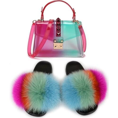 Womens Fox Fur Slides Ladies Fluffy Fur Slippers Female Luxury Shoes Girls Furry Sandals Colorful Transparent Jelly Bags Sets