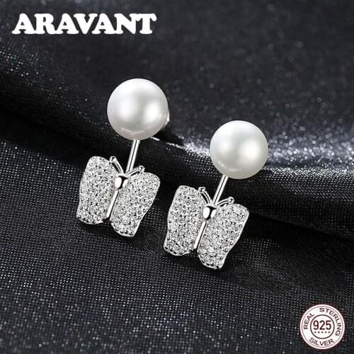 925 Sterling Silver Jewelry 7MM Pearl Earring Silver 925 Butterfly Stud Earrings For Women