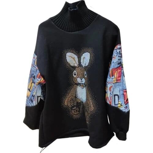 Autumn Winter New Plush Thicken Splicing Pullover Lady Fashion Hot Drill Rabbit Harajuku High Collar Warm Sweatshirt Women Black