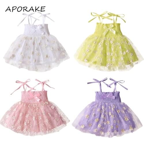 2021 0-18M Summer Kids Girls Princess Dress Sleeveless Bandage Pleated Top Floral Tulle Tutu Dress Sundress For Birthday Party