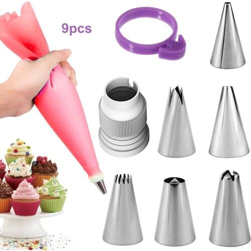 9Pcs Set Silicone Pastry Bag Tips Kitchen Cake Icing Piping Cream Cake Decorating Tools Reusable Pastry Piping Bags and Tips Set