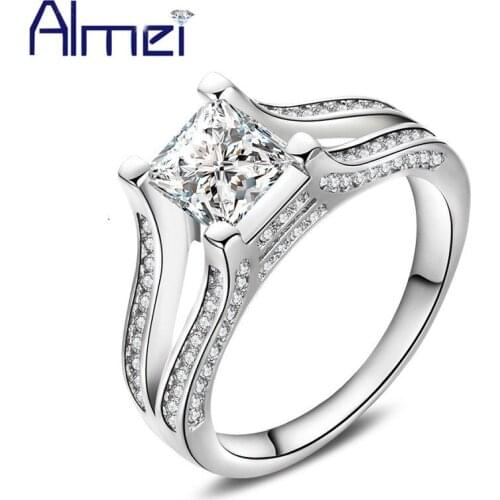 Almei 5%Off Rings For Women Silver Color Ladies Ring Square Bague Zircon CZ Stone Womens Jewelry Chinese Market Online HR280