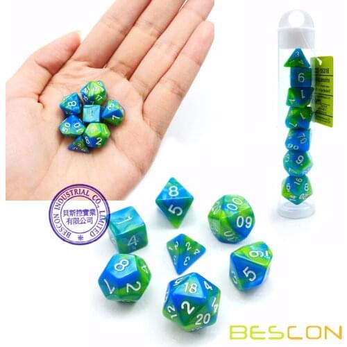 Bescon Mini Gemini Two Tone Polyhedral RPG Dice Set 10MM, Small Mini RPG Role Playing Game Dice Set D4-D20 in Tube, Aquamarine
