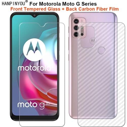 For Motorola Moto G9 Plus 6.81" 1 Set = Soft Back Carbon Fiber Film +Ultra Thin Clear Tempered Glass Front Screen Protector