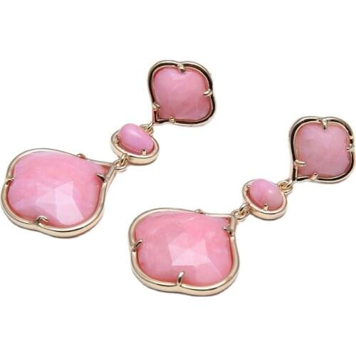 GuaiGuai Jewelry Natural Peach Pink Jades Flower Shape Gold Plated Dangle Stud Earrings Cute For Women