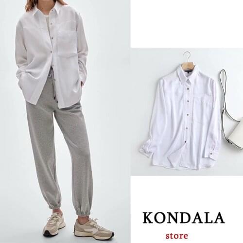 KONDALA Women Spring New White Solid Oversized Tshirt 2021 High Quality Long Sleeve Pocket Shirt Muje Tops Casual Blouses