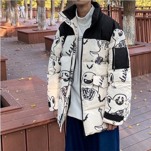 Male Ghost Hip Hop Parka Men Japanese Streetwear Black Puffer Jacket 2021 Mens Harajuku Patchwork Winter Bubble Coats