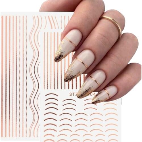 3D Rose Gold Lines Nail Stickers Metal Stripe Lines Letters Decals Curve Nail Art Sliders Self Adhesive Decorations Manicure