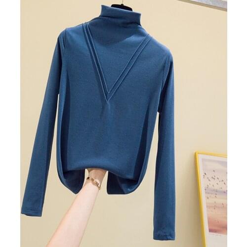 Shintimes New Slim Cotton T-Shirt Half Turtleneck Long Sleeve T Shirt Women Tshirt Woman 2020 Autumn Korean Clothes Womens Tops