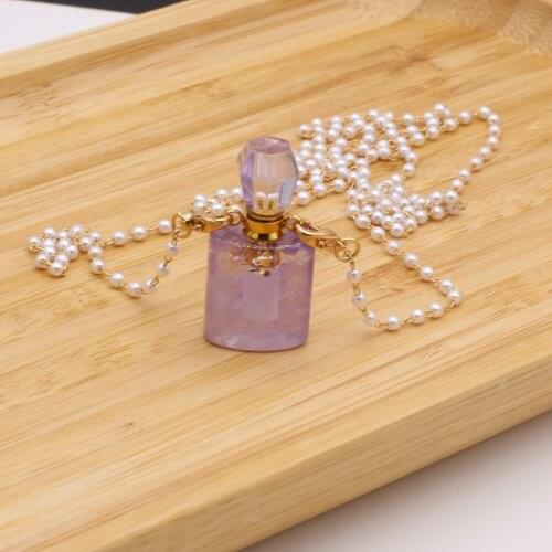 Women Necklace Natural Stone Amethyst Rectangle Perfume Bottle Pendant Necklace for Christmas Valentines Day Jewelry Gifts