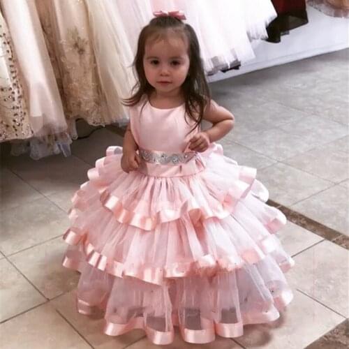 Pink Tiered Ball Gown Infant Girls Birthday Dresses O Neck Long Pageant Gown Flower Girl Dress New Year Christmas Cloth 1-14Y