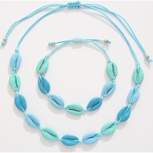 Colorful Shells Necklace Bracelet One Set metal Seashells Knit Chain Rope Girl Choker Bracelets Jewelry Gift Adjustable 2021