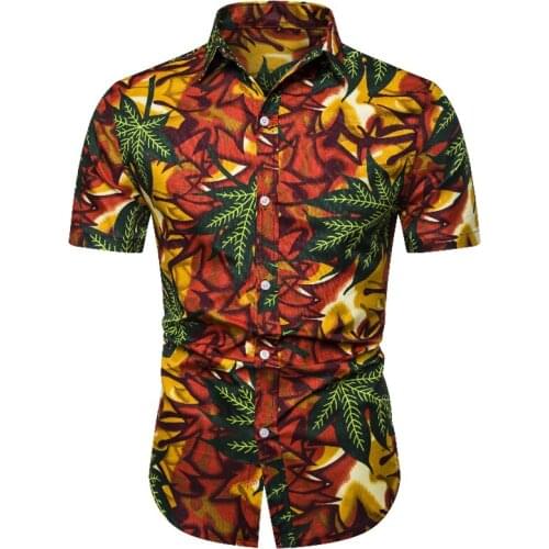 Leaf Print Shirts Men Casual Summer Brand Short Sleeve Mens Aloha Shirt Beach Holiday Hawaiian Camisas Cosy Ethnic Style Camisa