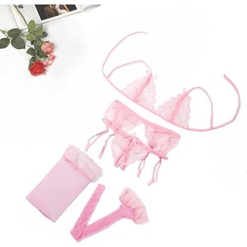 Sexy Pink Lingerie Set Temptation Lace Push Up Transparent Bra Set Erotic Women Underwear Bras & G-String + Net Socks & Sling