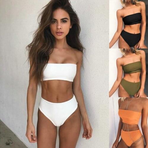 Sexy Solid Tube Top Two Piece Swimsuit Solid Color Bikini Womens Strapless Swimwear Swimsuit Female Bathing Suit 2021