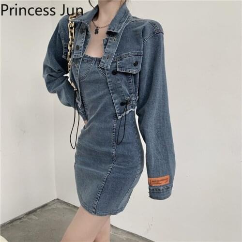 Retro Fashion Women Sexy Two Piece Denim Sets 2 Piece Suspender Pencil Mini Denim Dress&Short Jacket Casual 2pc Jeans Outfits