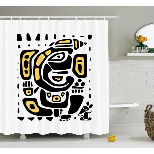 Ethnic Shower Curtain Oriental Arrangement with Animal Motifs Traditional Yoga Pose Sketch Waterproof Polyester Bath Curtains