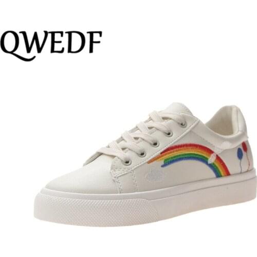 QWEDF Women Rainbow Sneakers Fashion Breathble Vulcanized Shoes Pu Leather Platform Lace Up Casual White Rainbow Wild D1-43