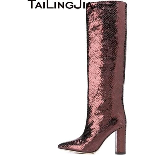 Womens Block Chunky Heel Knee High Boots Pointed Toe Chocolate PU Leather Ladies High Heel Slip on Long Boot Large Size 2020