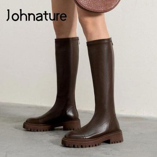 Johnature Genuine Leather Winter Women Boots Ladies Shoes Zip Sewing Handmade Concise Leisure Fashion Platform Casual Long Boots