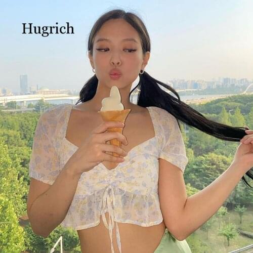 2021 Spring Summer New Womens V-Neck Short Sleeve Ruffle Open Navel Cute Sweet Chiffon Top