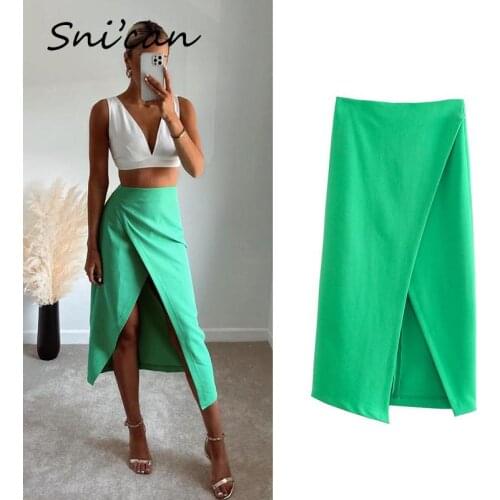 Za Green High Slit Dress Sexy Summer Fashion High Waist Asymmetrical Haut Za Women Jupe Longue Vintage Faldas Femme 2021 New