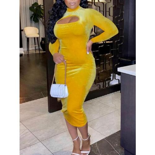 Women Bodycon Velvet Dress Long Sleeves Slim Sheath Hollow Out Female Package Hip Cut Out Chest Autumn Fashion Elastic Sexy New