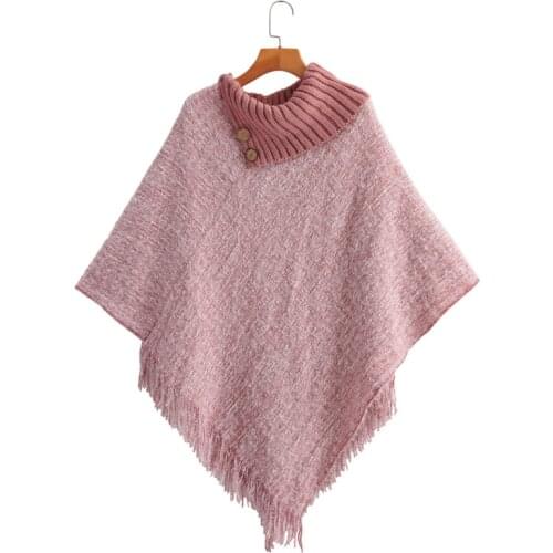 PEONFLY Women Autumn Solid Tassel Shawl Knitted Poncho Cape Shawl Invierno Elegantes Female Casual Loose Poncho Button Sweaters