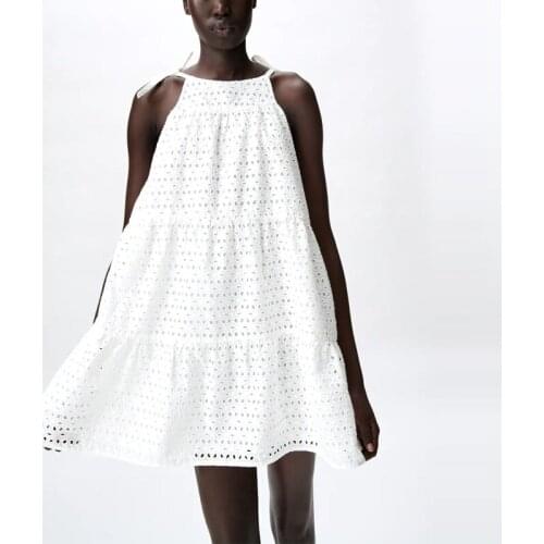 2021 Summer Women Openwork Embroidered Dress Sleeveless Adjustable Tied Straps Mini Dresses Female Embroidery Party Dress