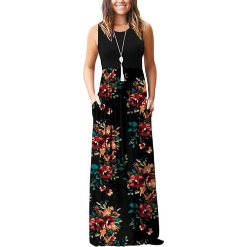 Women Autumn Floor Length Yellower Rose Flower Print Sleeeveless Pullover Elegant Evening Party Maxi Boho Beach Dress